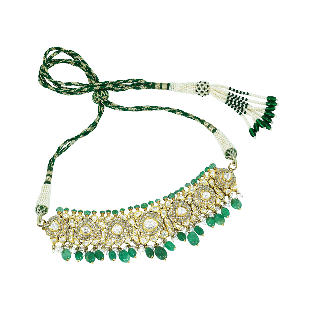 Victorian Rose-Cut Diamond Choker Set with Emerald Beads